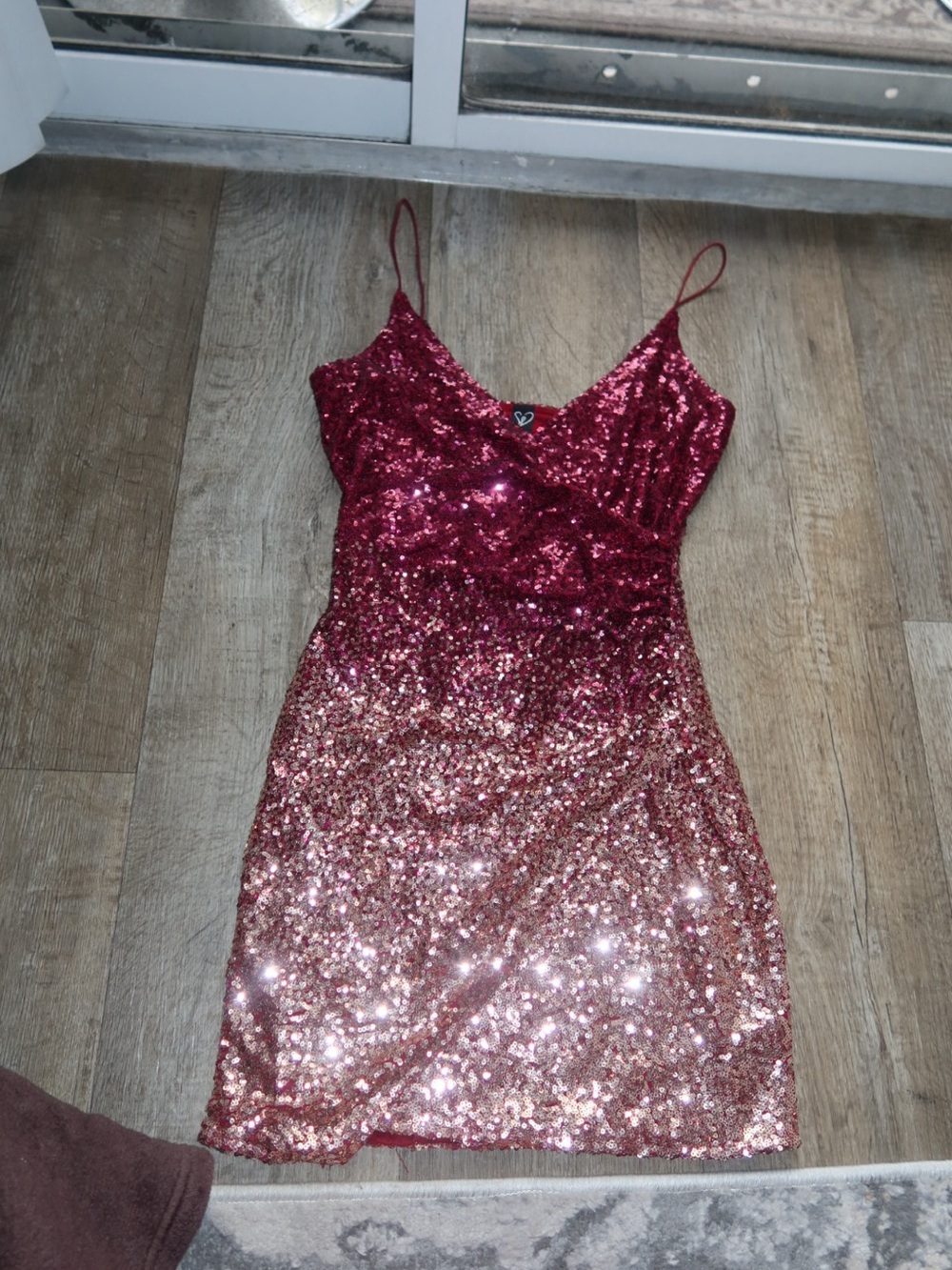 Windsor Rose Gold Ombre Sequin Spaghetti Strap Prom Dress